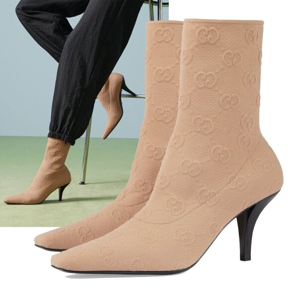 GUCCI BOOTS TOM TECHNICAL GG LOGO NUDE JERSEY DOUBLE G LOGO HEEL sz 38 8 - Picture 1 of 15